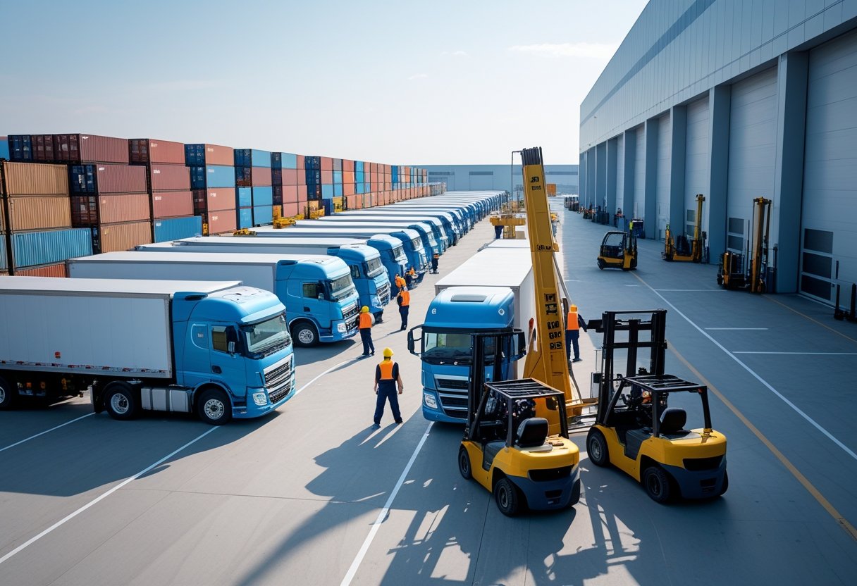 A logistics hub with trucks being loaded and unloaded near a warehouse and stacked shipping containers.