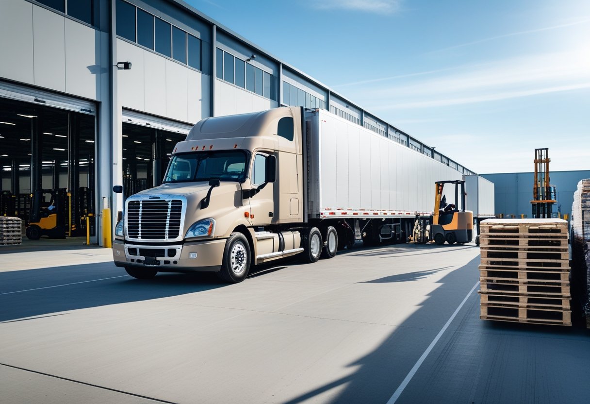 A large semi-truck parked at a busy distribution center with workers loading cargo near a warehouse.