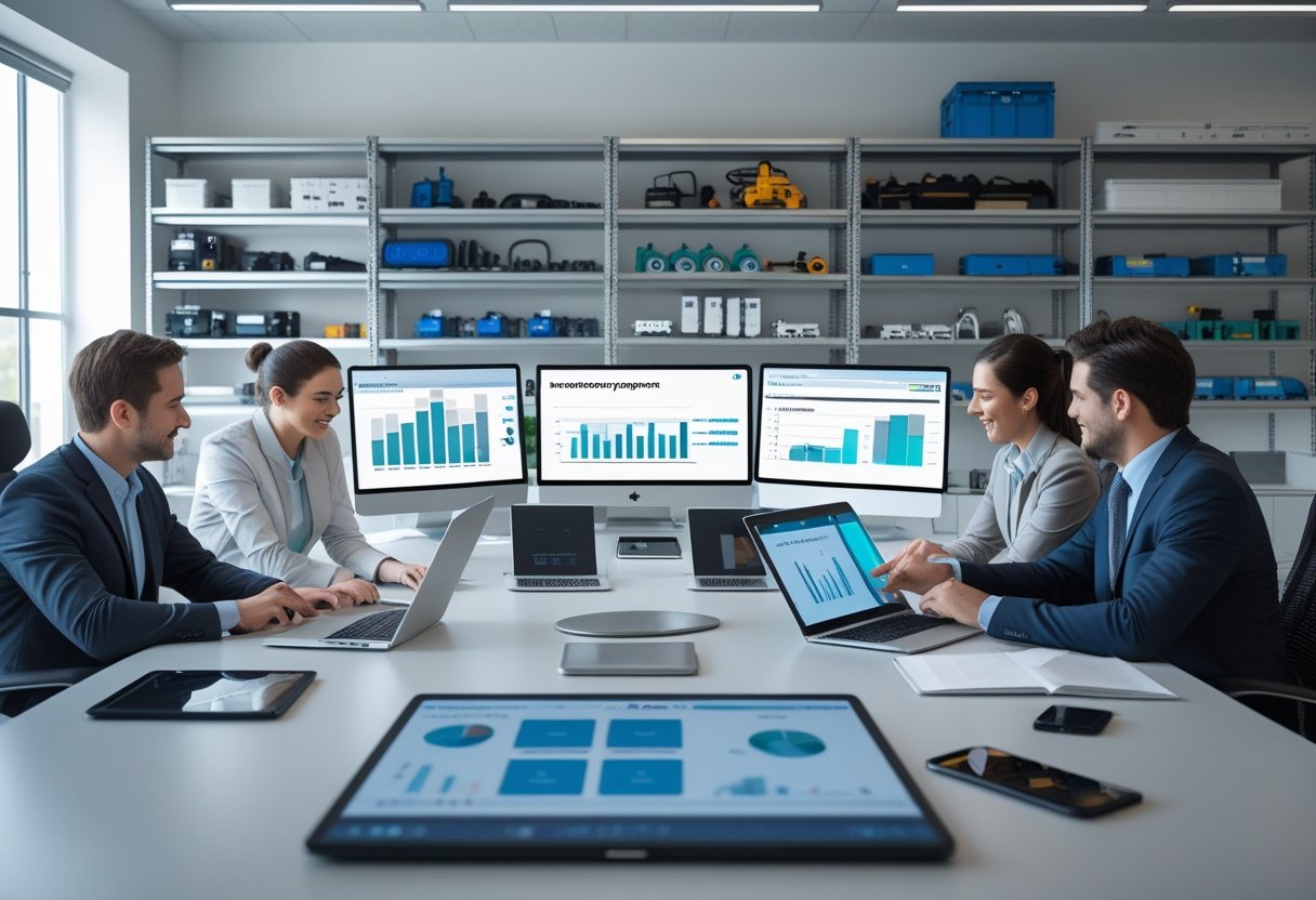 A group of business professionals working together in an office with digital devices and organized shelves of equipment.