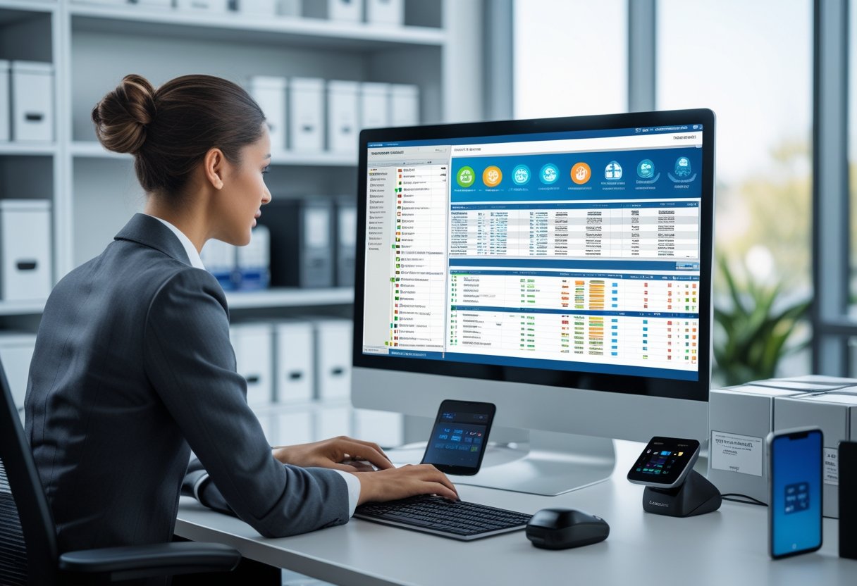 Person working on a computer with equipment inventory software in a bright office with shelves of equipment in the background.