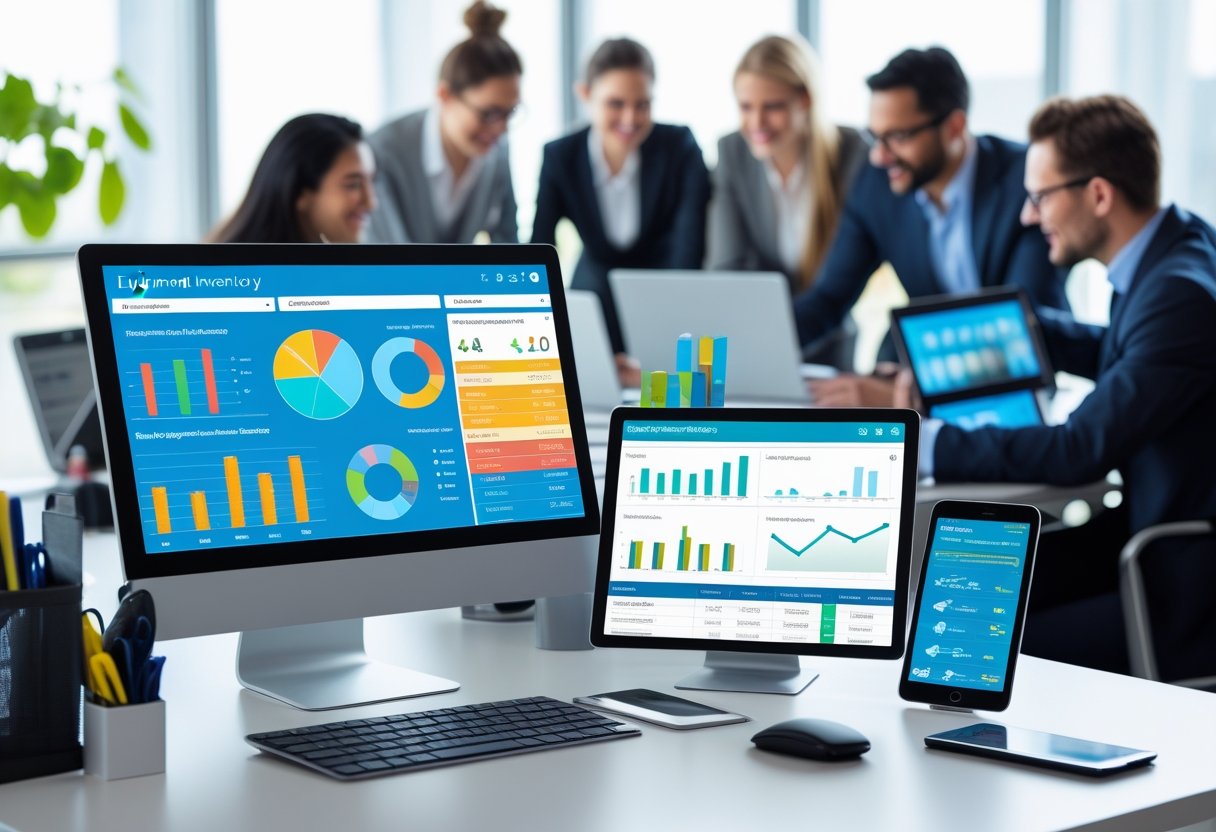 Office workspace showing a computer with inventory software dashboard and professionals collaborating around a table.