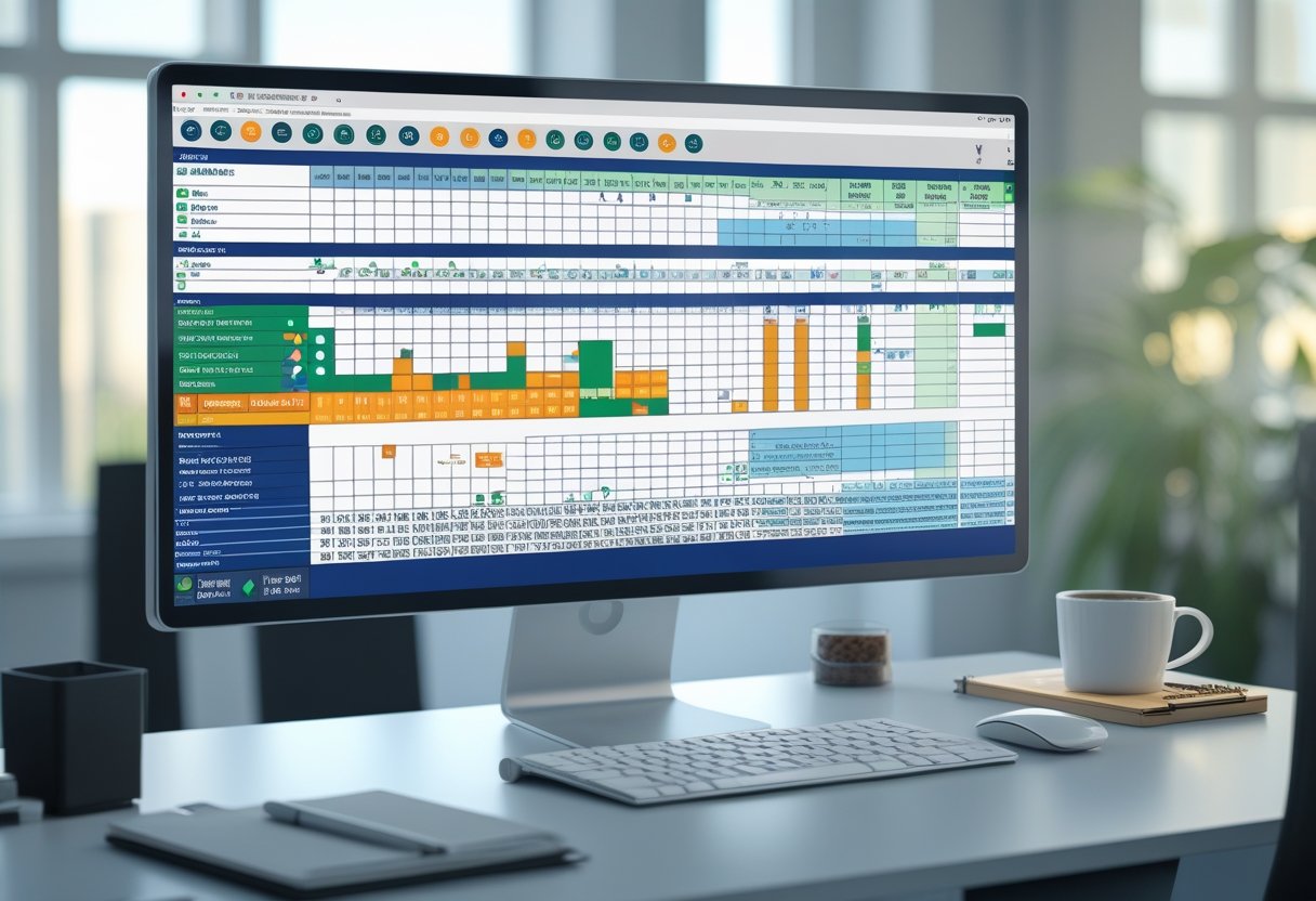 A computer screen showing a detailed spreadsheet for tracking tools on a clean desk with office supplies.