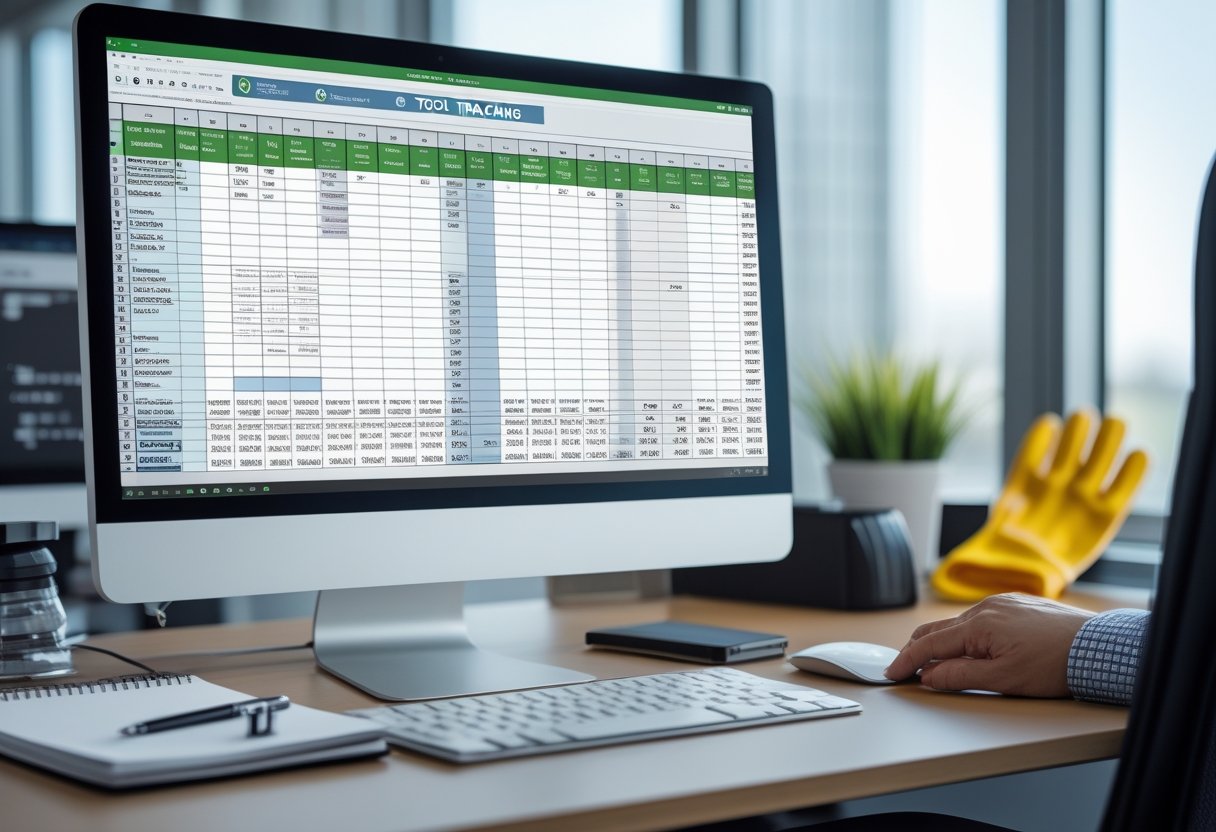 A computer screen showing a detailed spreadsheet for tracking tools on a desk with office supplies and safety gloves nearby.