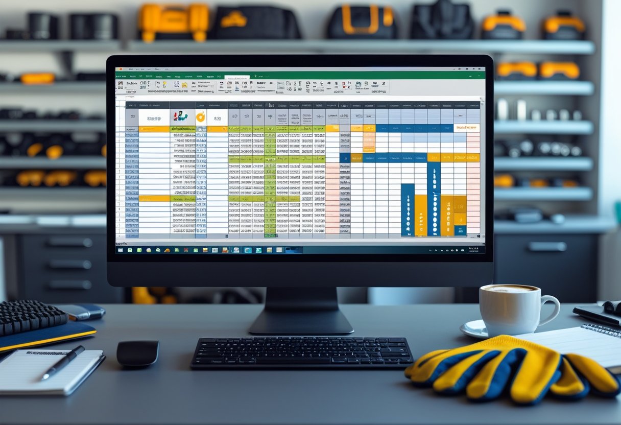A computer screen displaying a detailed spreadsheet surrounded by office items and tools on a desk.