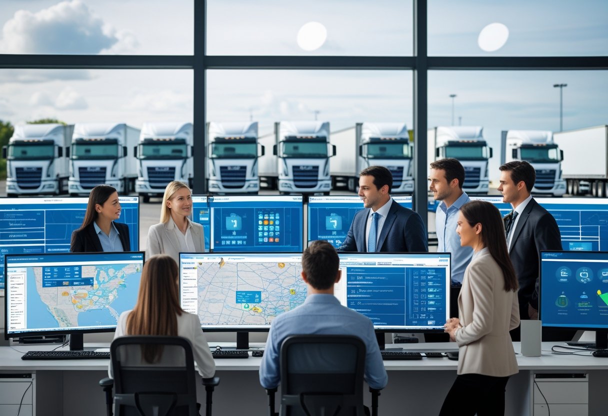 Office with professionals monitoring multiple screens showing vehicle locations and data, with commercial trucks visible outside through large windows.