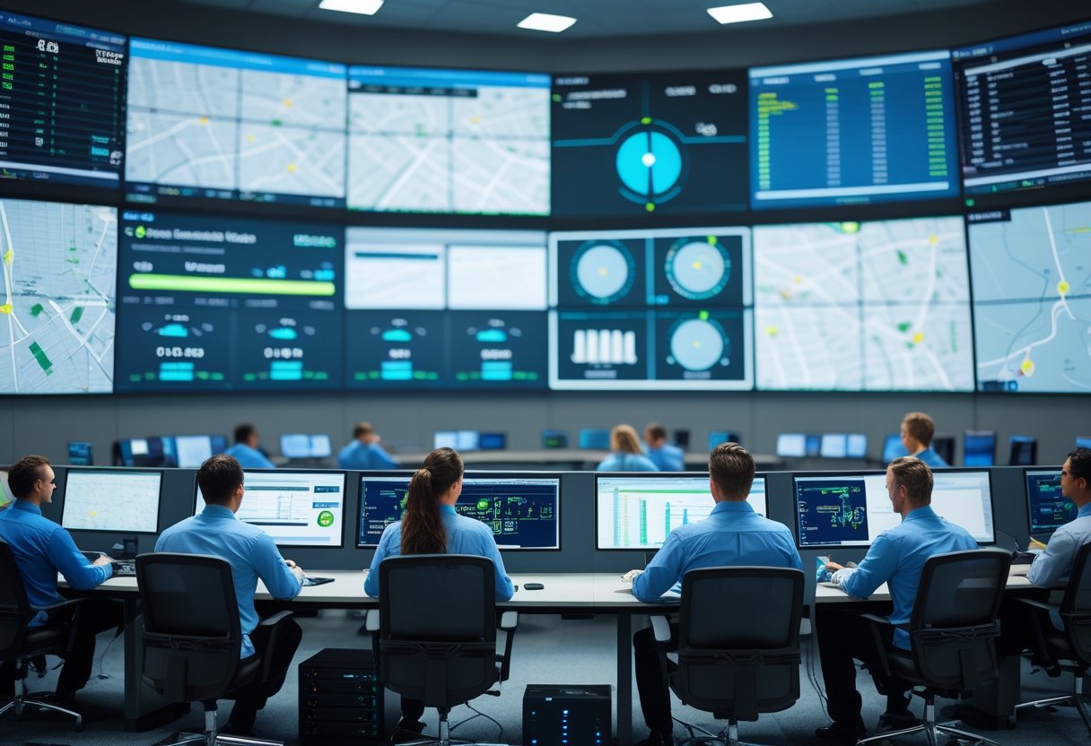 A team of professionals monitoring real-time vehicle tracking data on large digital screens in a modern control room.