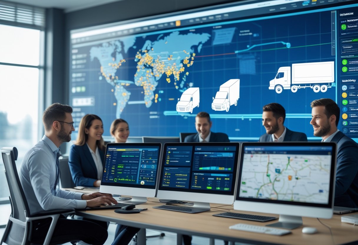 Office with professionals monitoring multiple screens showing vehicle locations and fleet data on digital maps.