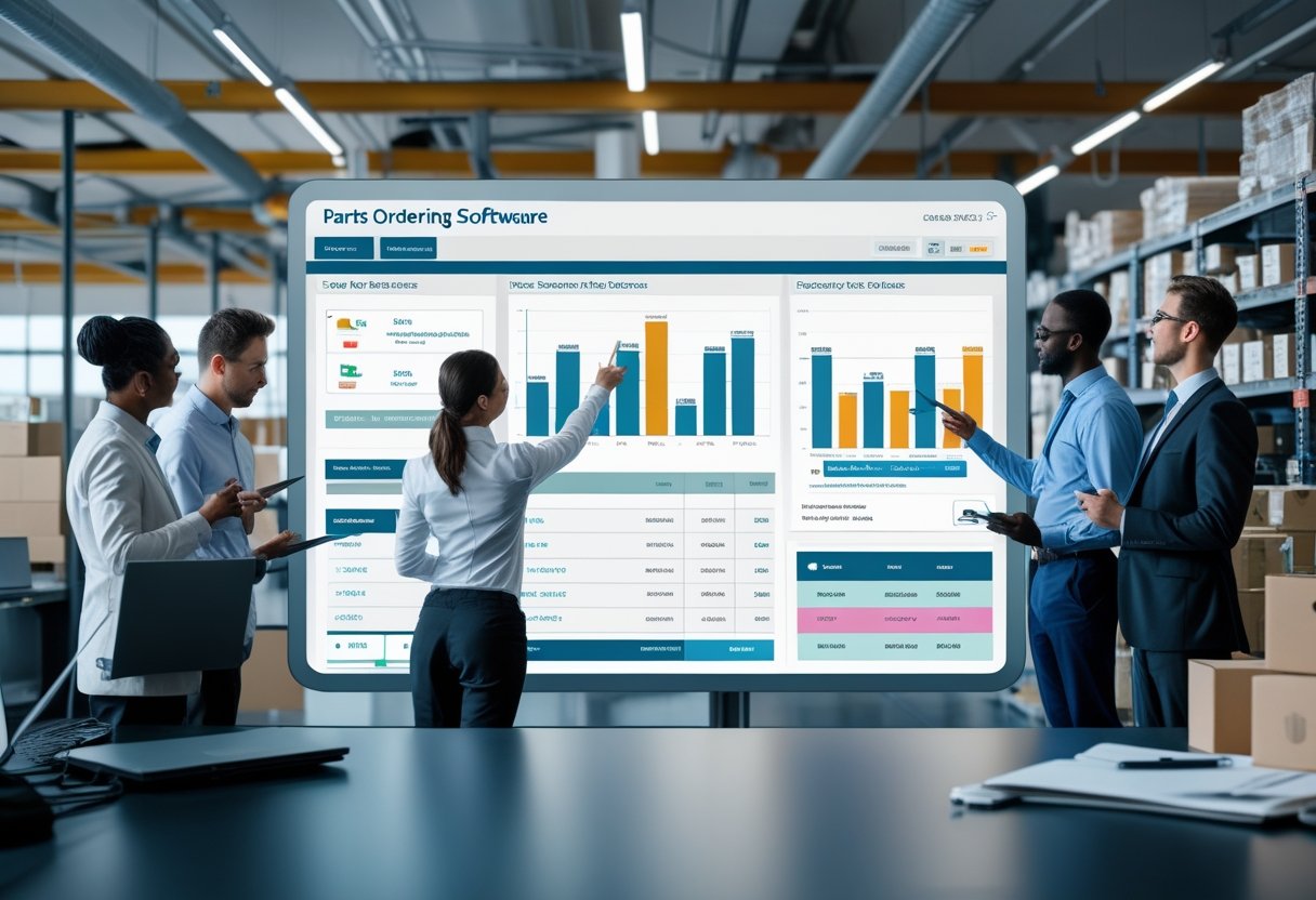 A group of professionals collaborating around a digital touchscreen displaying parts ordering information in an office with shelves of mechanical parts.