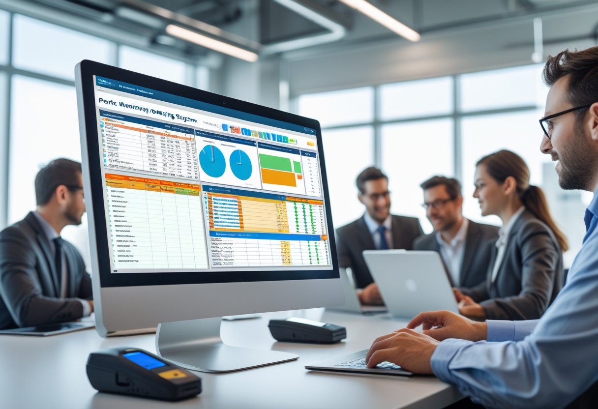 Office workers using computers and tablets to manage parts ordering software in a bright, modern workspace.