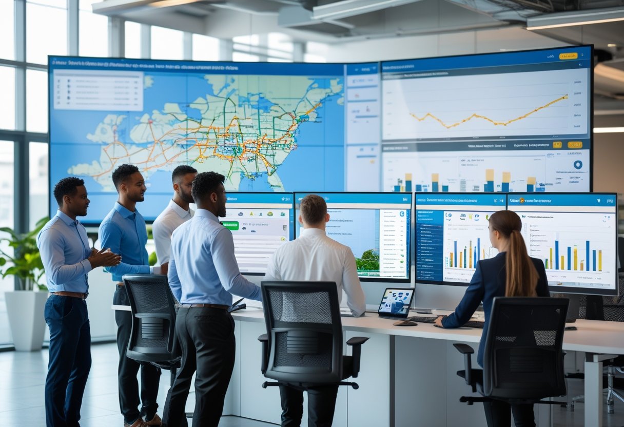 A team of professionals working together in an office with large digital screens showing maps and vehicle tracking data.