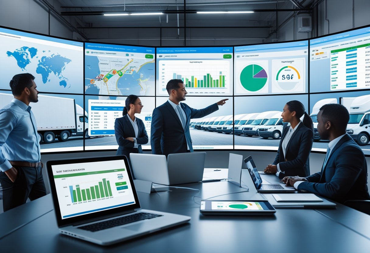 A team of professionals in an office analyzing digital screens showing vehicle locations, routes, and maintenance data with a fleet of trucks visible outside.