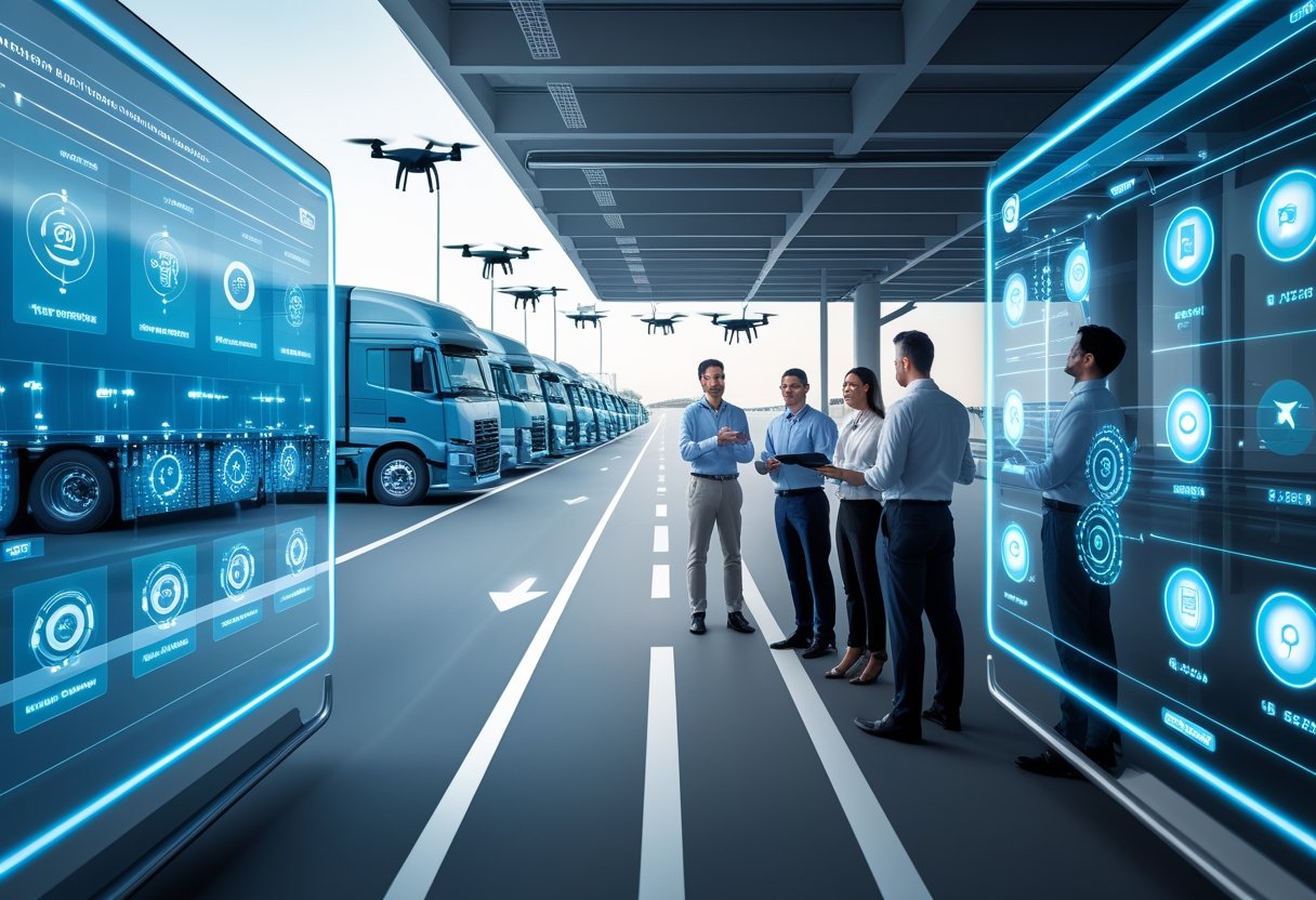 A team of engineers monitoring autonomous delivery trucks and digital data screens at a logistics hub with driverless trucks on a highway.