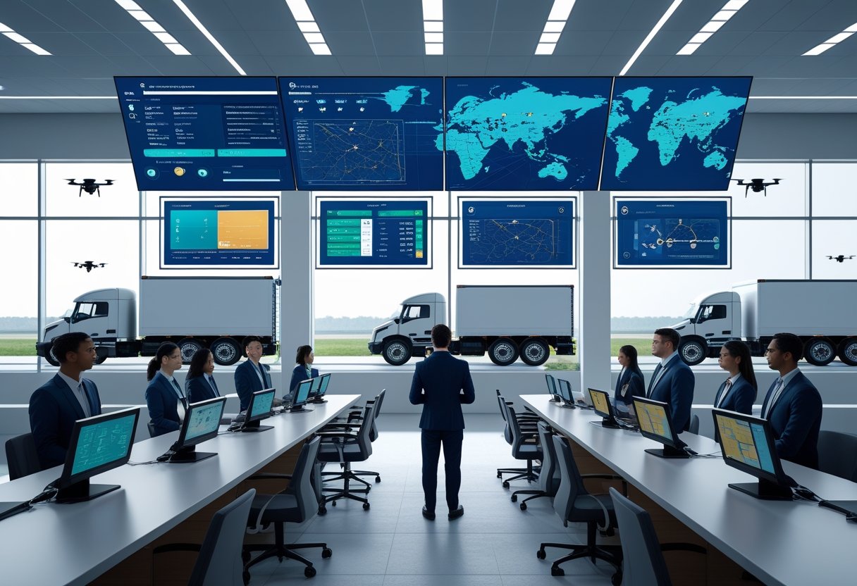A team of professionals monitoring vehicle routes and data in a modern control center with autonomous trucks and drones visible outside.