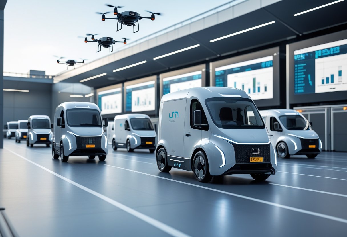 A logistics hub with autonomous delivery trucks and drones operating while operators monitor data on large screens in a control center.