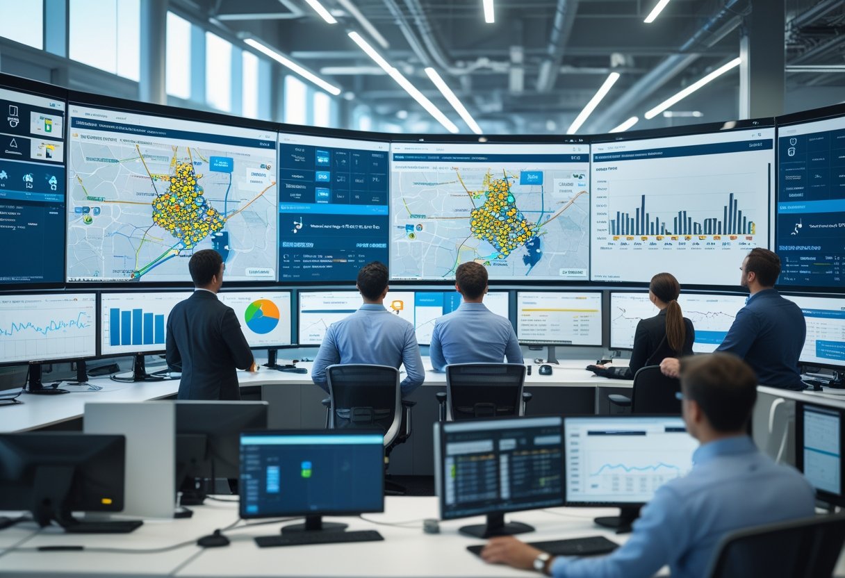 A team of professionals monitoring multiple large digital screens showing real-time vehicle locations and data in a modern fleet tracking control center.