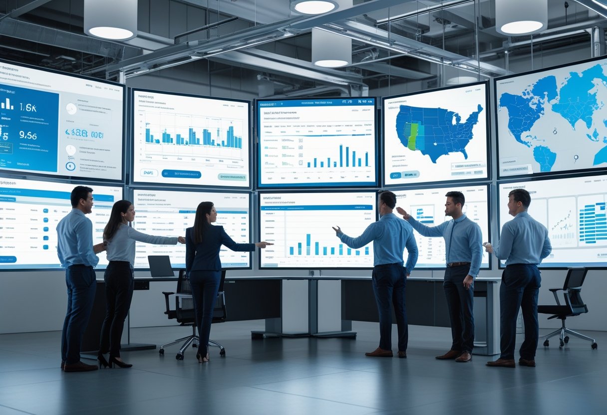 A group of professionals in an office analyzing digital screens showing vehicle tracking and fleet data.