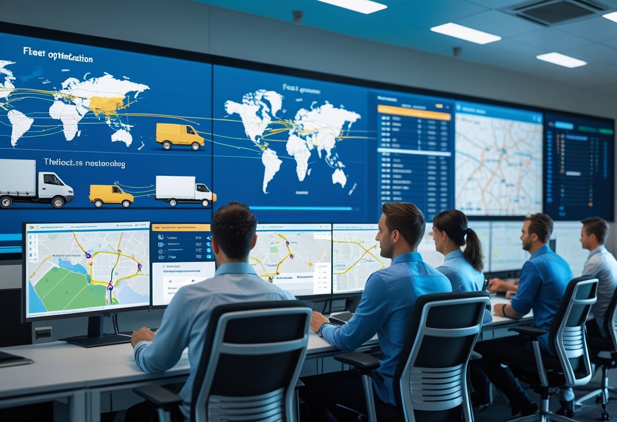 A team of professionals monitoring vehicle routes and data on large digital screens in a logistics control room.