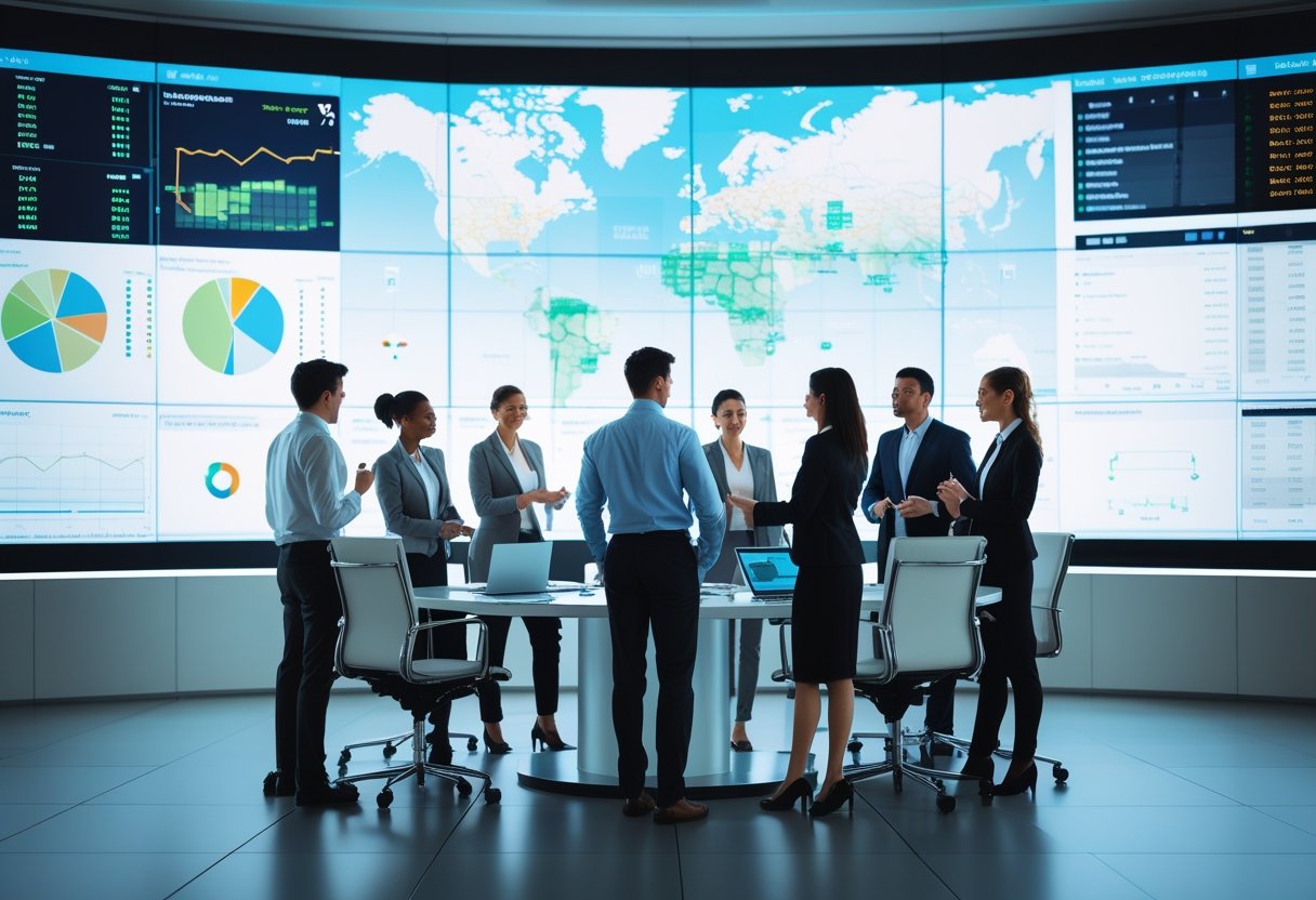 A group of business professionals discussing fleet optimisation in a control room with large screens showing vehicle tracking and efficiency data.