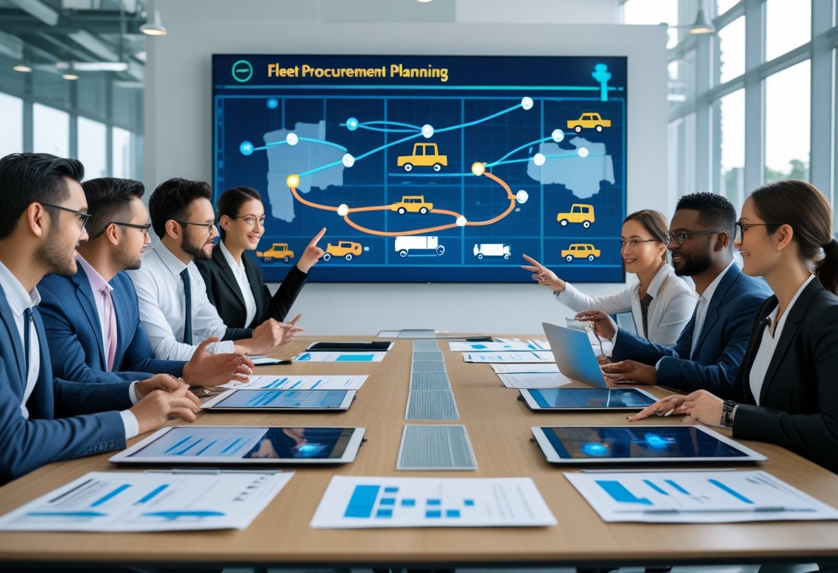 Business professionals collaborating around a conference table with laptops and documents, discussing fleet vehicle planning in a modern office.