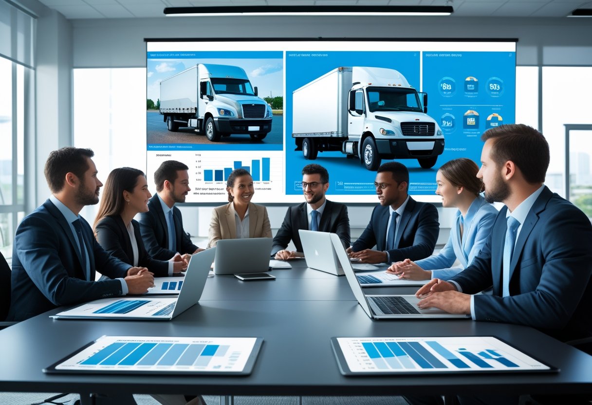 Business professionals in a meeting room discussing vehicle acquisition with charts and laptops on the table.