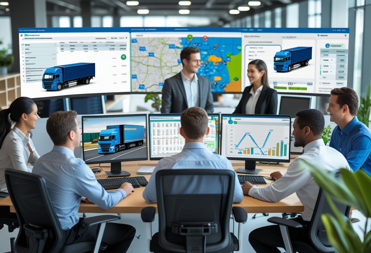 Business professionals working together in an office with computer screens showing maps and truck tracking information.