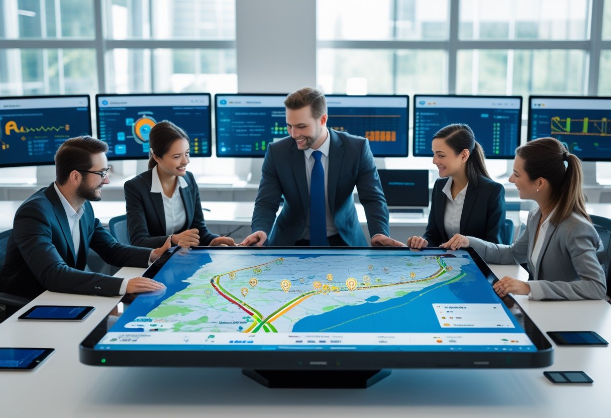 Business professionals working together around a digital table displaying vehicle routes and maps in a bright office with multiple computer screens showing fleet tracking data.