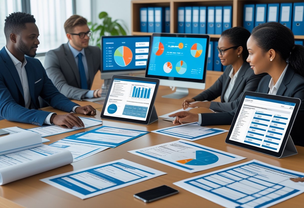 A team of professionals in an office reviewing and organizing fleet management documents and digital data on screens.