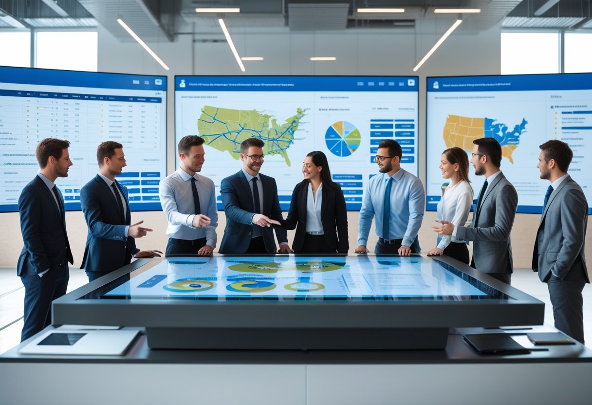 Business professionals collaborating around digital screens displaying fleet management data and documents in a modern office.