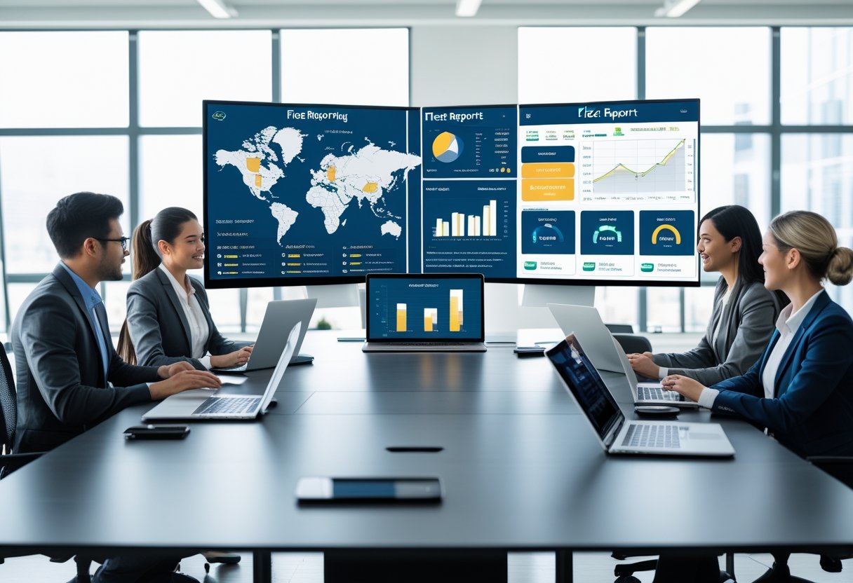A group of professionals in an office reviewing digital fleet reports on laptops and large screens around a conference table.