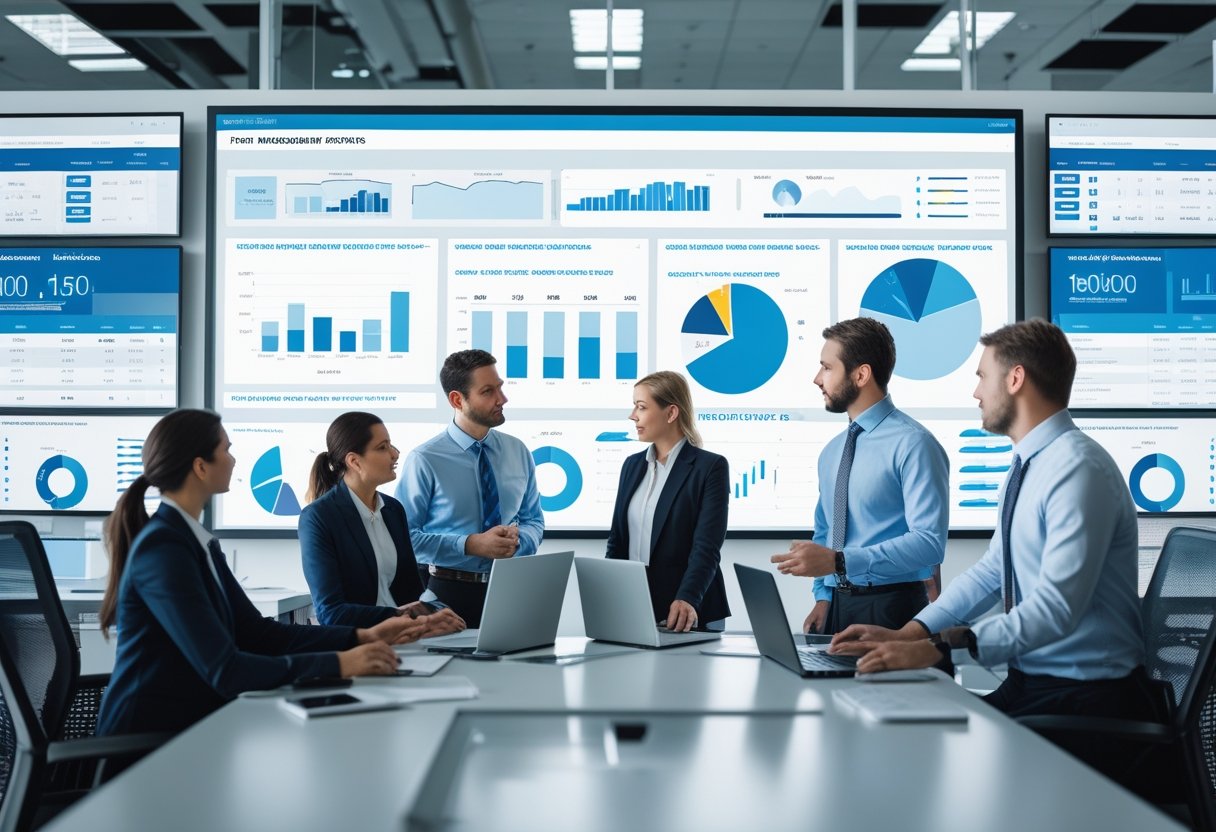 A group of professionals in an office analyzing data on a large digital screen showing vehicle fleet information.