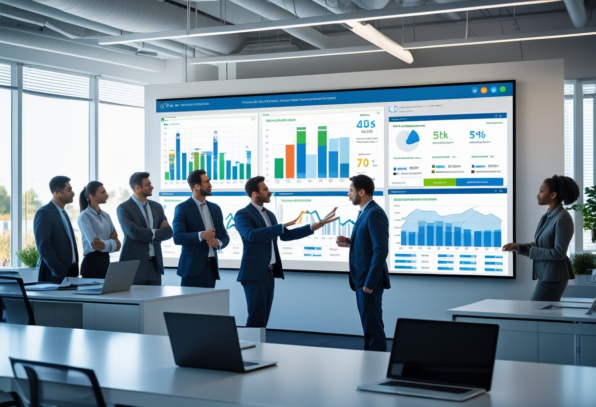 A group of professionals in an office reviewing real-time fleet data on large digital screens, discussing and analyzing information together.