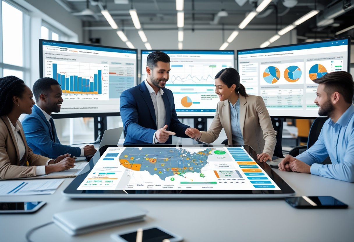 A team of logistics professionals collaborating around a digital touchscreen table displaying maps and tracking data in a modern office.