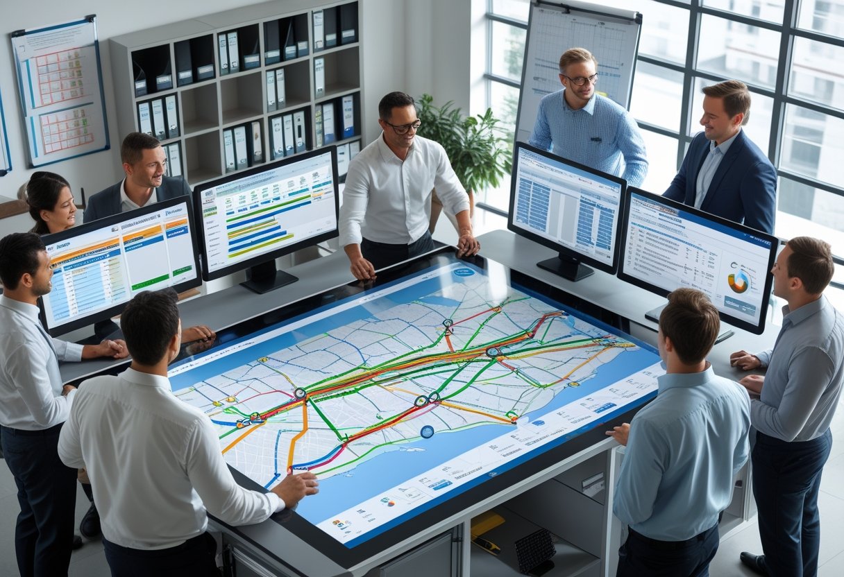 Logistics professionals working together around a digital table with maps and route data in a bright office.