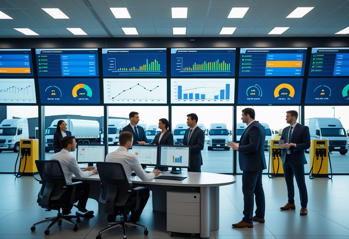 A team of professionals monitoring fuel consumption data on digital screens in a fleet management control room with trucks visible outside.
