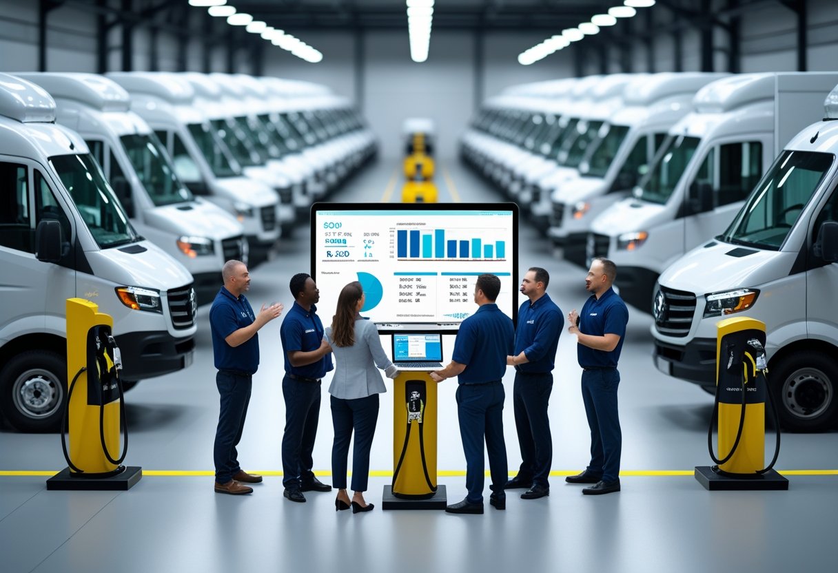 Fleet managers reviewing fuel consumption data on digital devices with commercial vehicles parked in the background at a fleet depot.