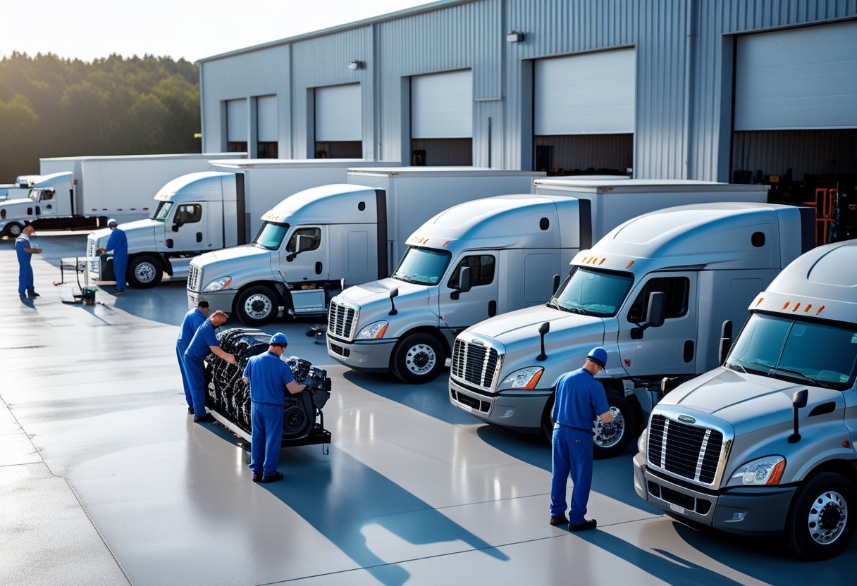 Mechanics inspecting and repairing semi-trucks at a large outdoor trucking fleet maintenance facility.