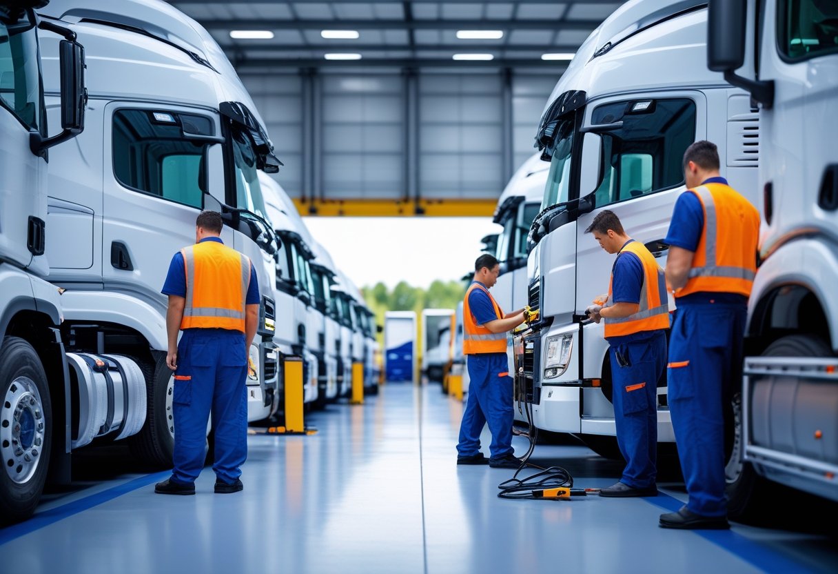 Mechanics performing maintenance on semi-trucks in a clean, organized truck depot with open garage bays.