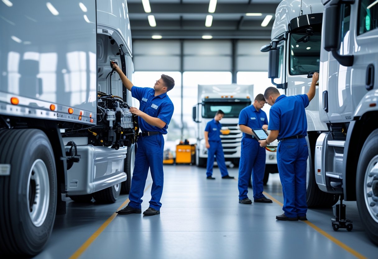 Mechanics servicing semi-trucks in a clean, organized truck maintenance garage.