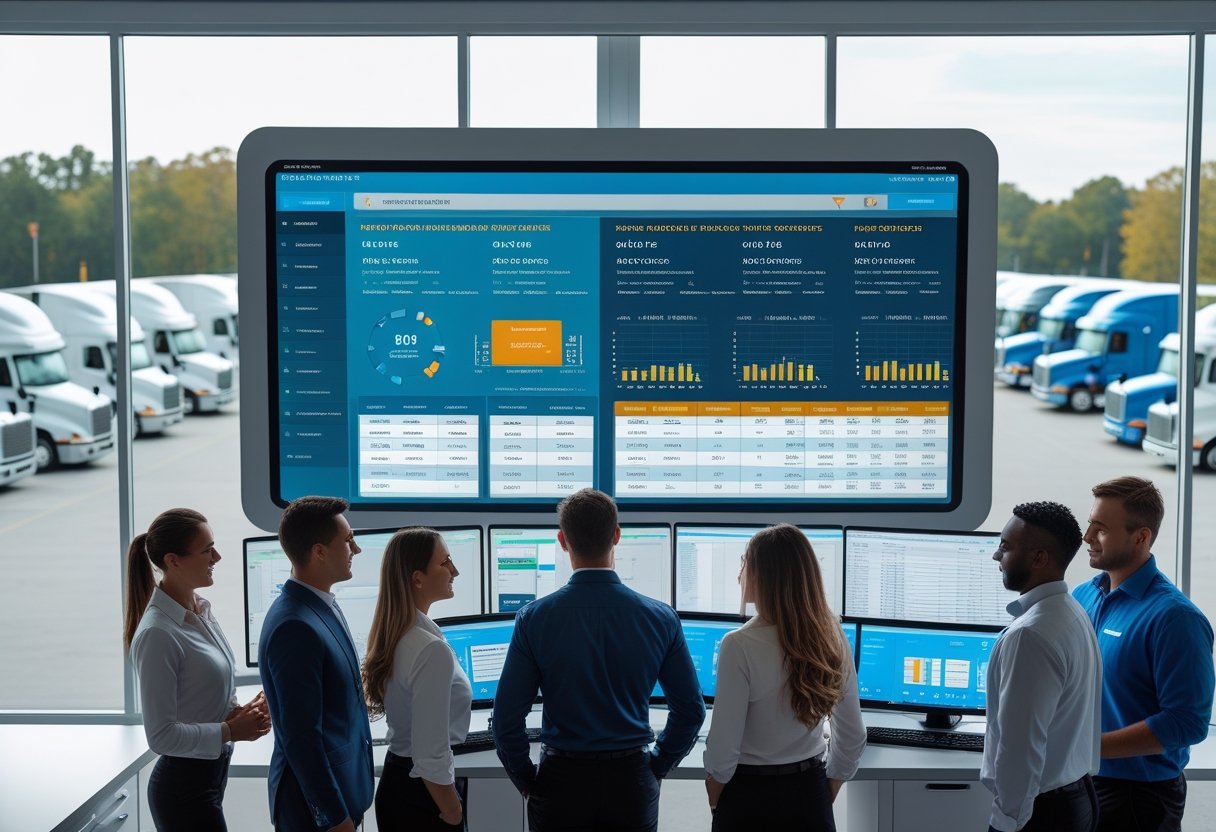 A team of professionals working together in an office with digital displays showing maintenance schedules, with semi trucks visible outside the windows.