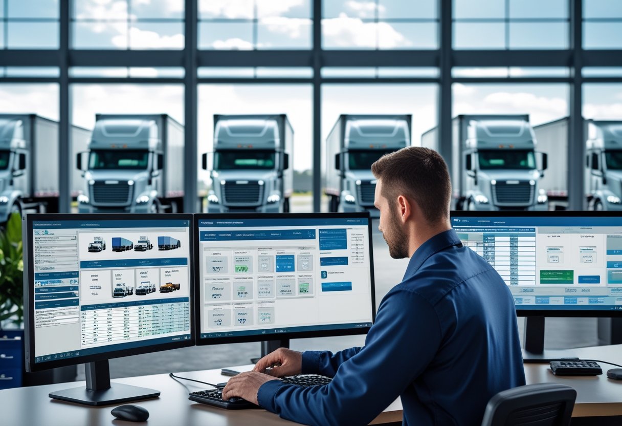 A fleet manager working at a computer in an office with multiple screens showing truck maintenance data, with several semi trucks parked outside visible through large windows.