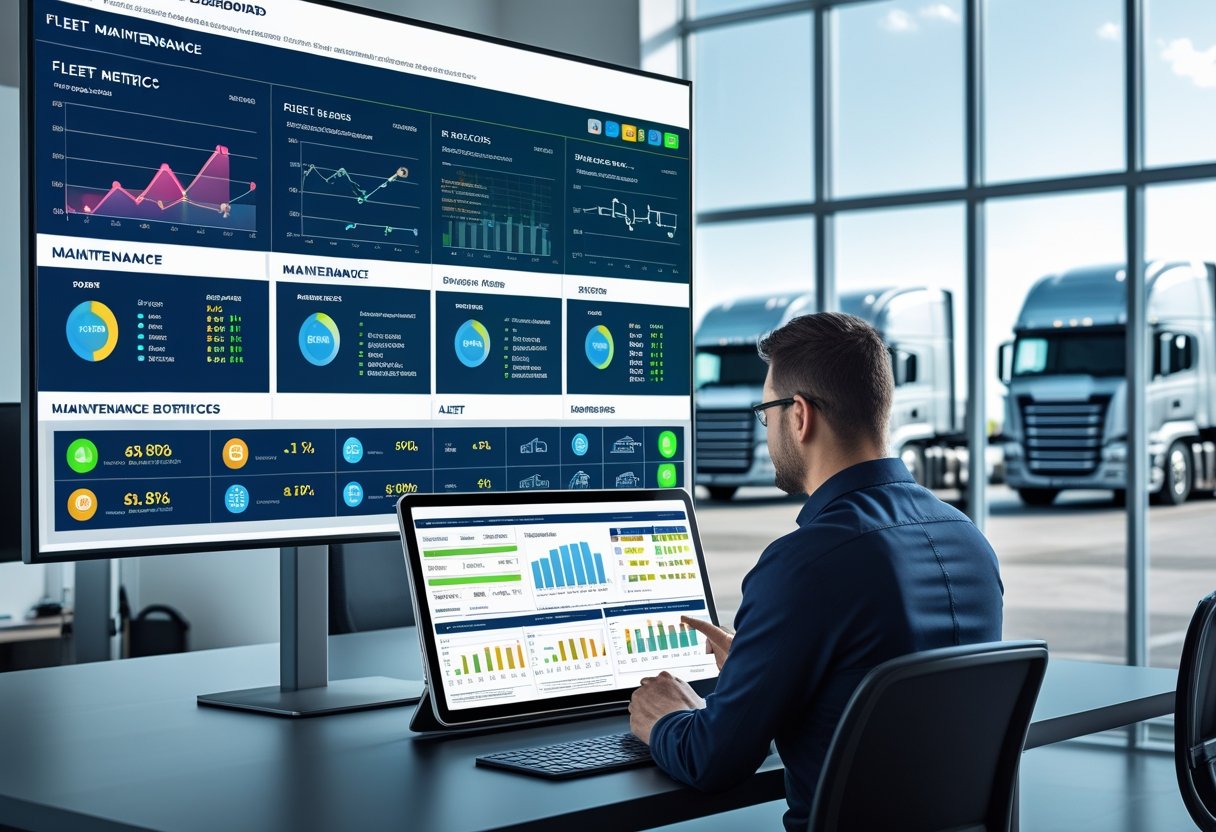 A fleet manager using a tablet in an office with a large screen displaying maintenance data, with semi trucks parked outside visible through windows.