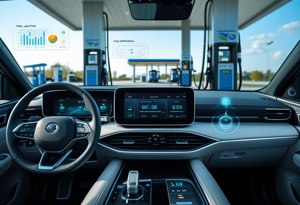 A vehicle dashboard with digital fuel monitoring displays and a modern fuel station in the background.