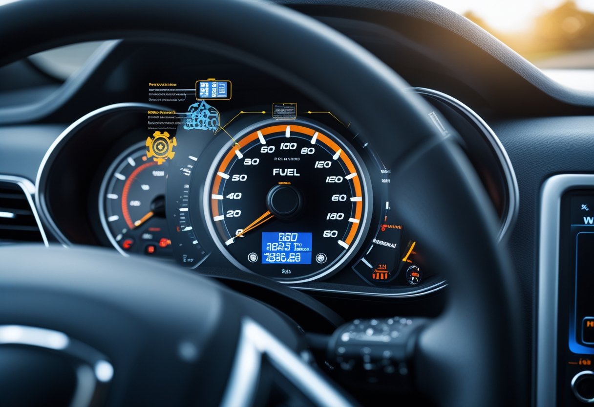 Close-up of a vehicle dashboard showing the fuel gauge and digital display with graphics illustrating fuel management systems.