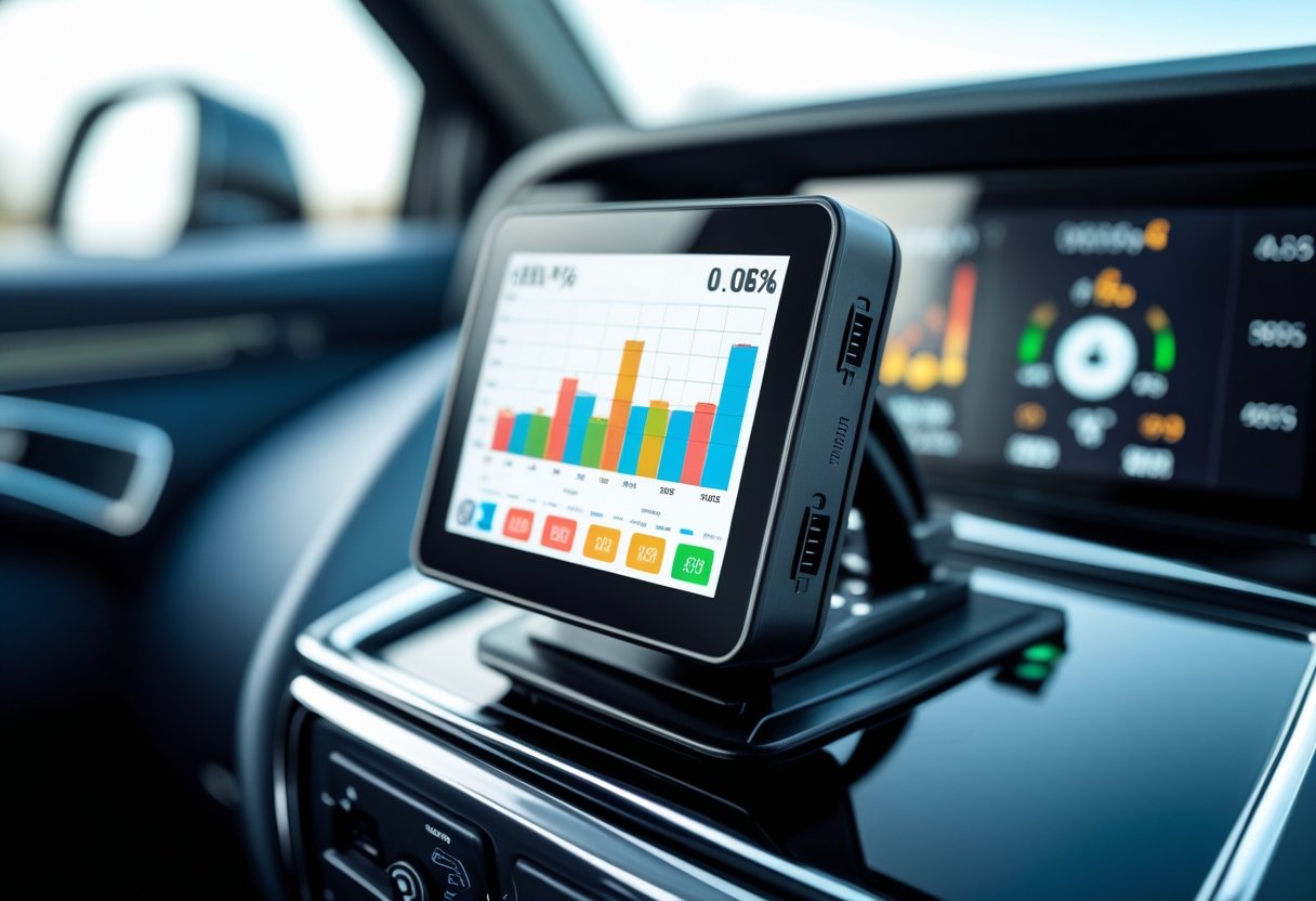 Close-up of a digital vehicle fuel management system displaying fuel consumption data inside a vehicle or fuel station.