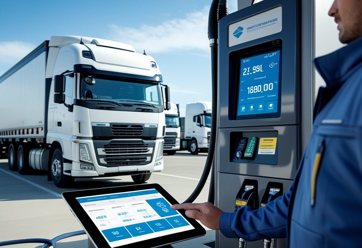 A truck driver using a tablet to monitor fuel data while a large truck refuels at a station.