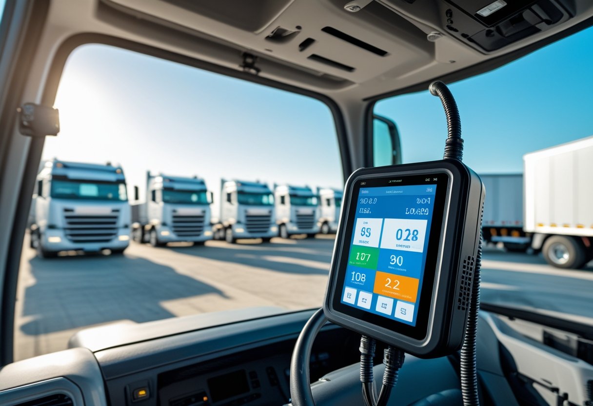 Close-up of a digital fuel monitoring device inside a truck cabin with a fleet of trucks parked outside.