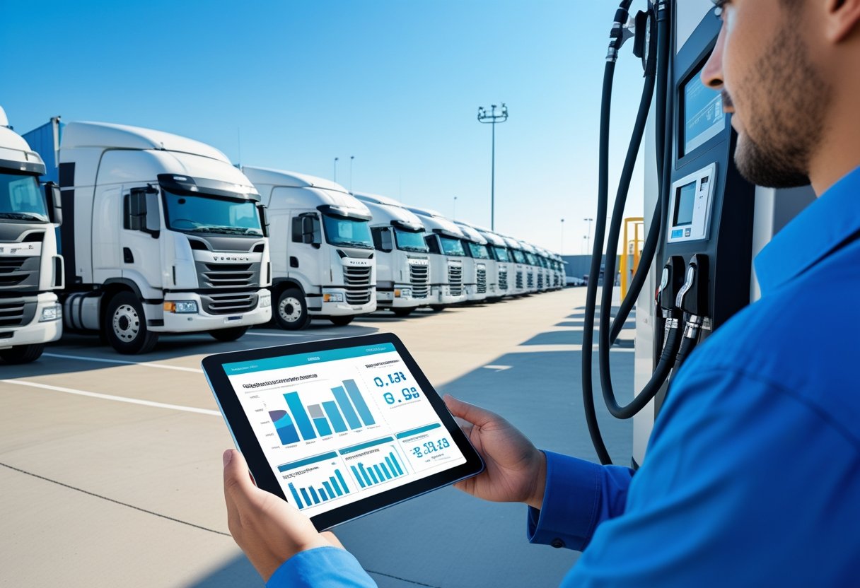 A fleet manager using a digital tablet near parked commercial trucks and fuel pumps in a truck fleet yard.
