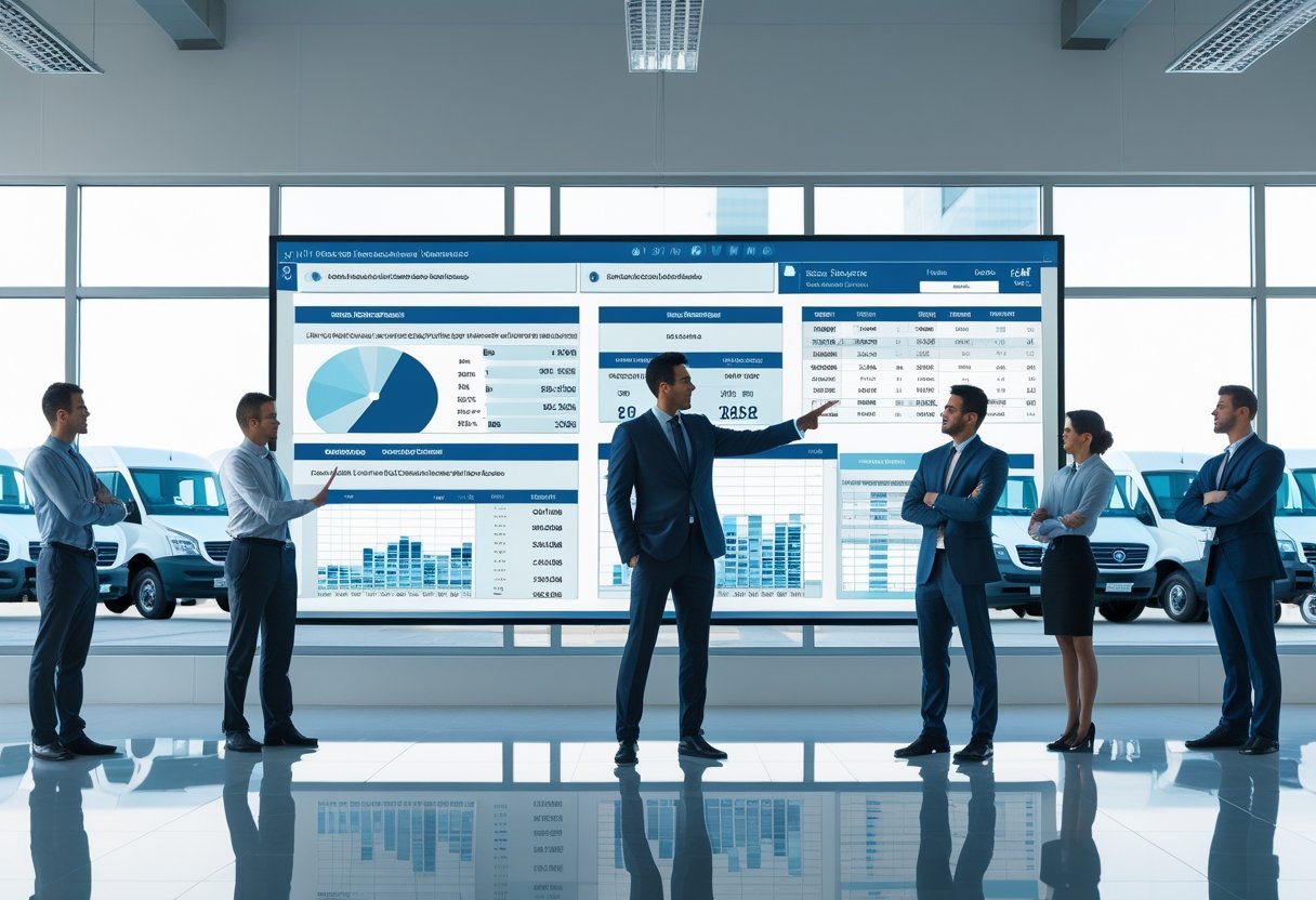 Business professionals analyzing fleet cost data in an office with commercial vehicles visible outside.