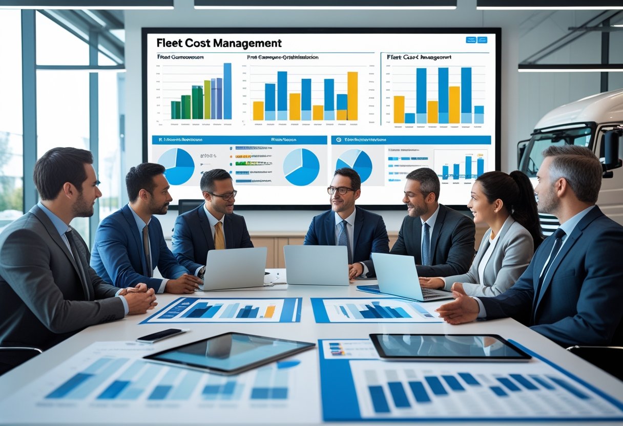 A group of business professionals discussing fleet cost management around a conference table with laptops and charts in a modern office.