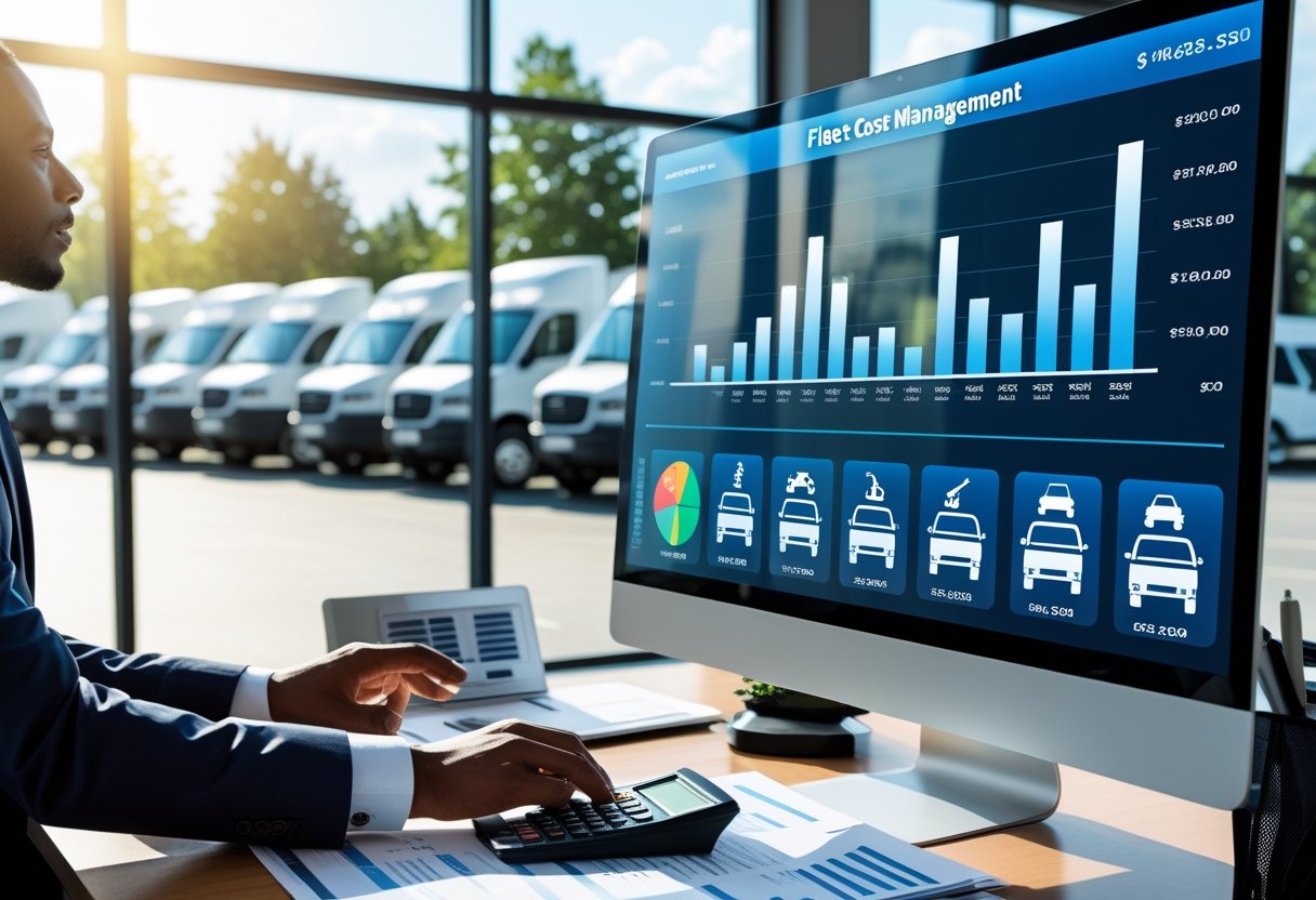 A business professional analyzing fleet cost data on a digital screen in an office with company vehicles visible outside the window.